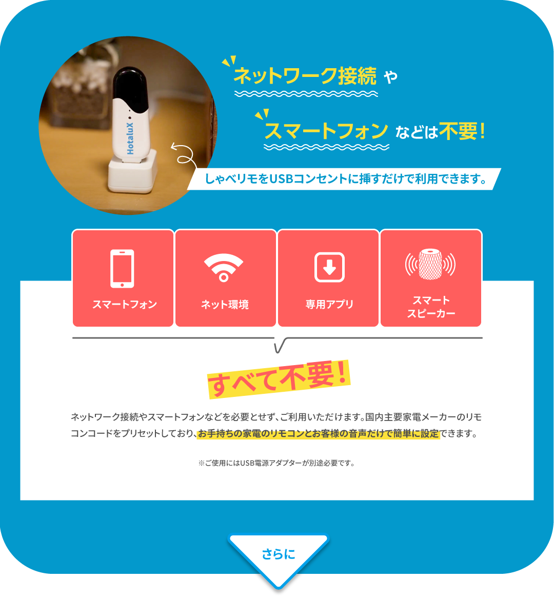 ネットワーク接続やスマートフォン などは不要!しゃべリモをUSBコンセントに挿すだけで利用できます。スマートフォン／ネット環境／専用アプリ／スマートスピーカーすべて不要！ネットワーク接続やスマートフォンなどを必要とせず、ご利用いただけます。国内主要家電メーカーのリモコンコードをプリセットしており、お手持ちの家電のリモコンとお客様の音声だけで簡単に設定できます。※ご使用にはUSB電源アダプターが別途必要です。さらに