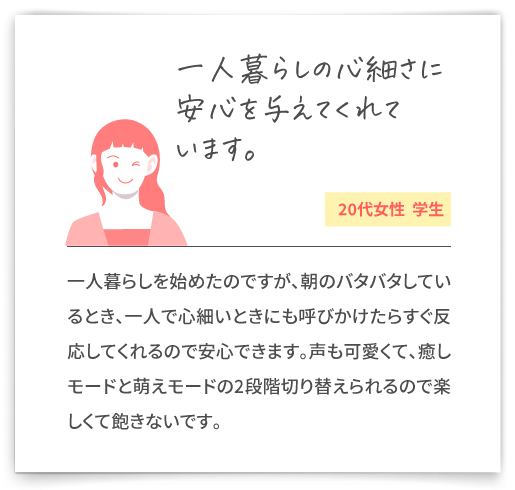 【一人暮らしの心細さに安心を与えてくれています。（20代女性  学生）】一人暮らしを始めたのですが、朝のバタバタしているとき、一人で心細いときにも呼びかけたらすぐ反応してくれるので安心できます。声も可愛くて、癒しモードと萌えモードの2段階切り替えられるので楽しくて飽きないです。